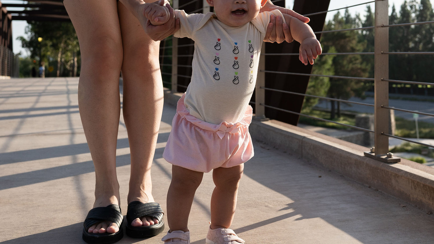 Asian American Baby walking in cute Lovegrid onesie by Asian Baby Clothing