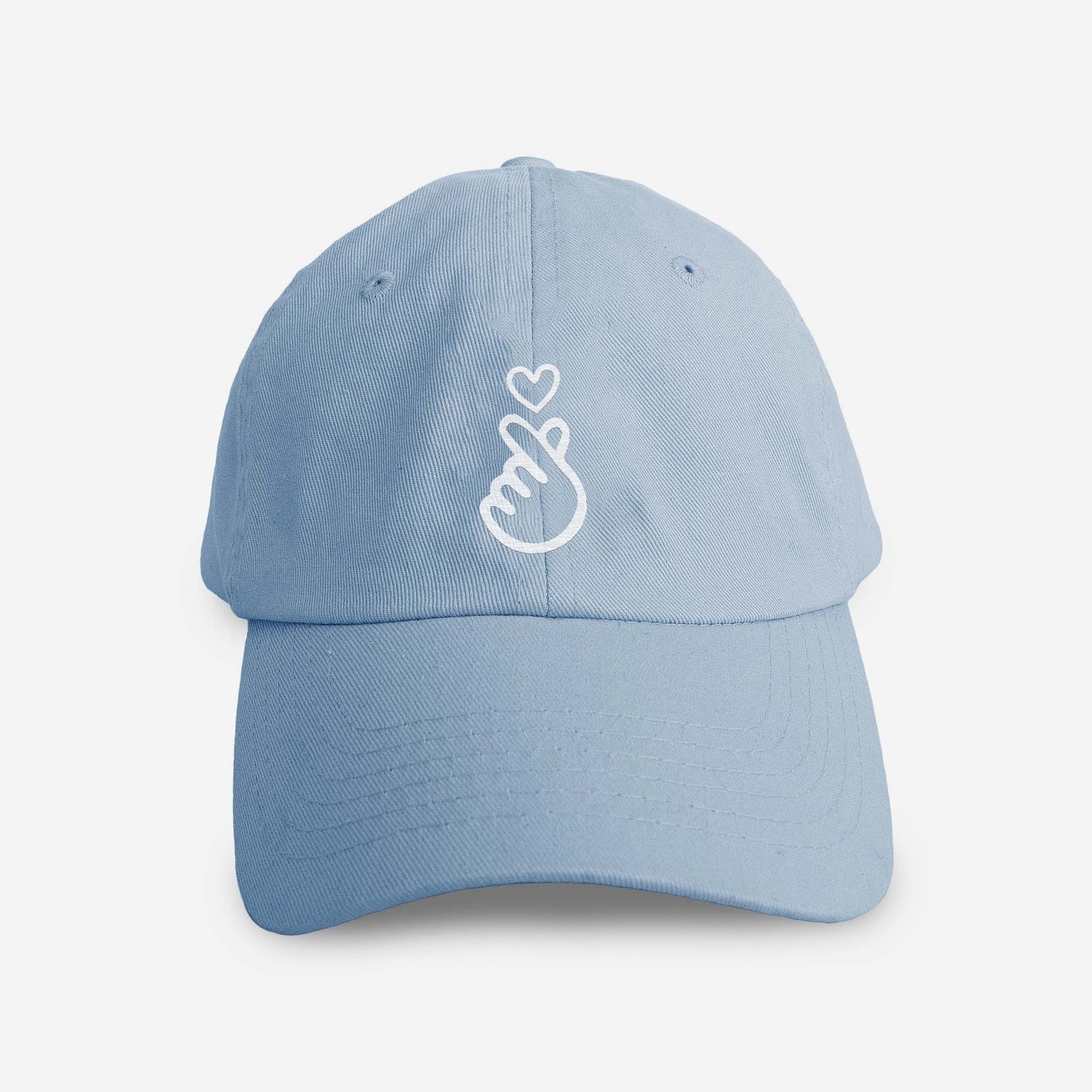 baby blue youth cap with minimalist finger heart embroidery