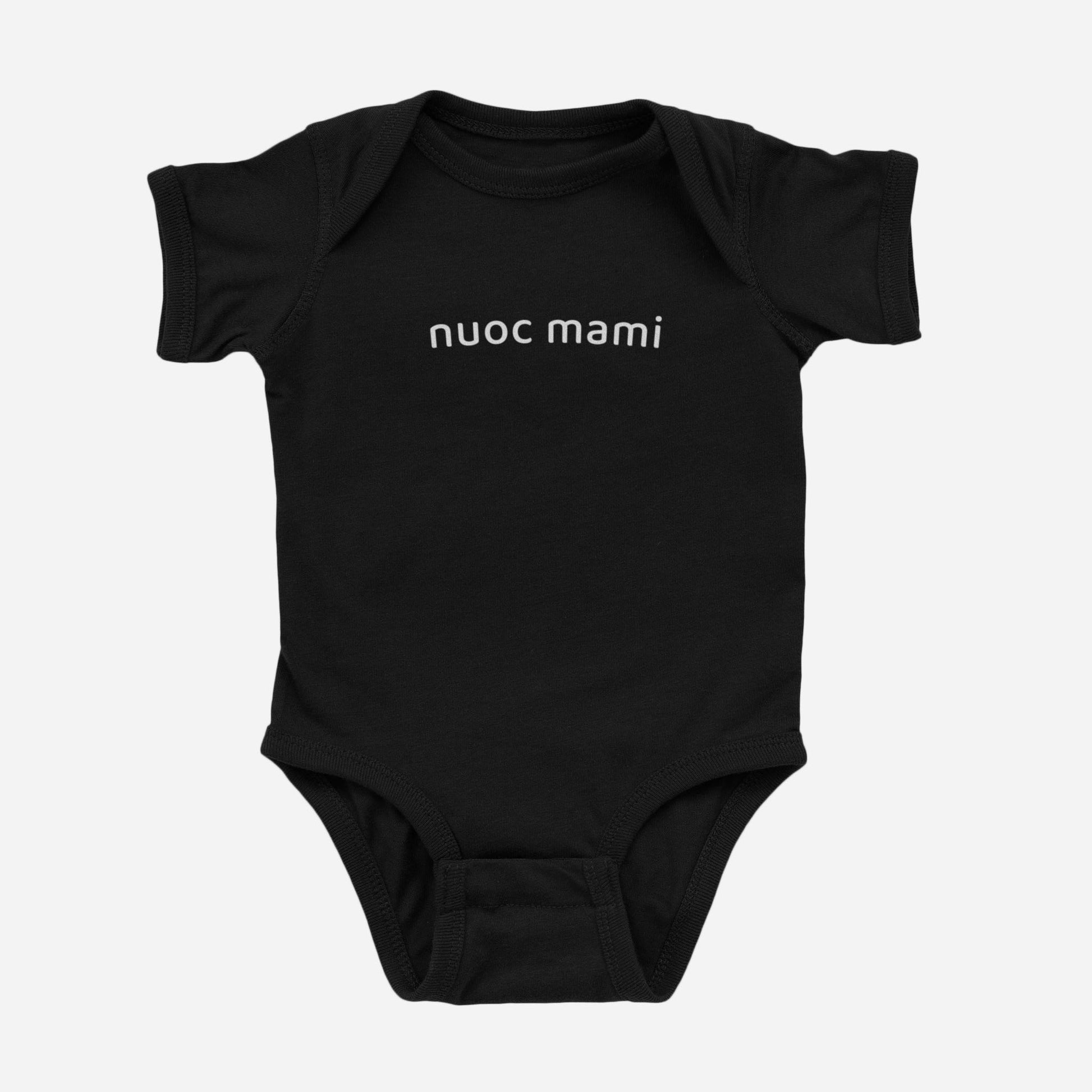 Black baby onesie with white “Nuoc Mami” text – bold heritage-inspired onesie