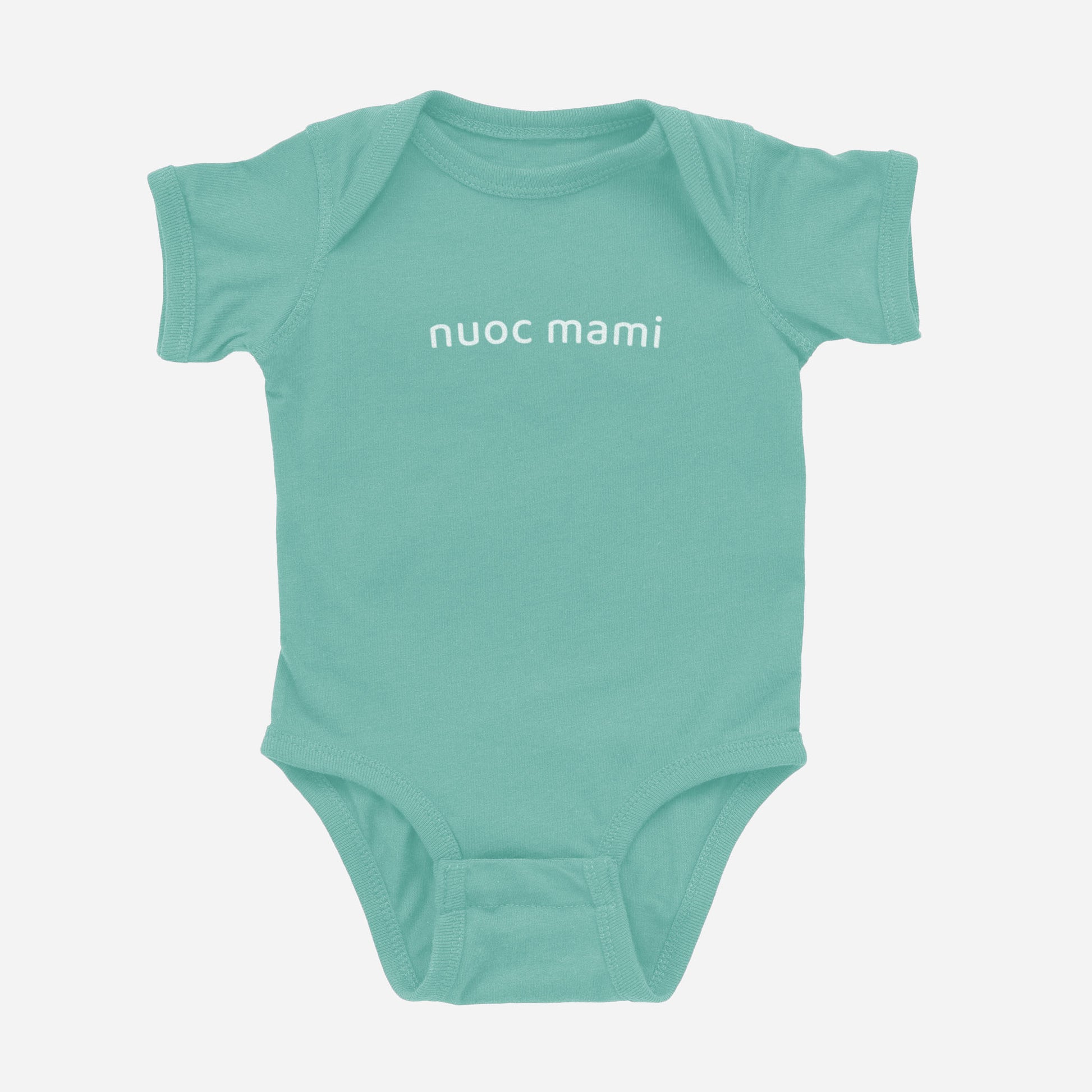 Turquoise baby onesie with white “Nuoc Mami” text – playful cultural babywear