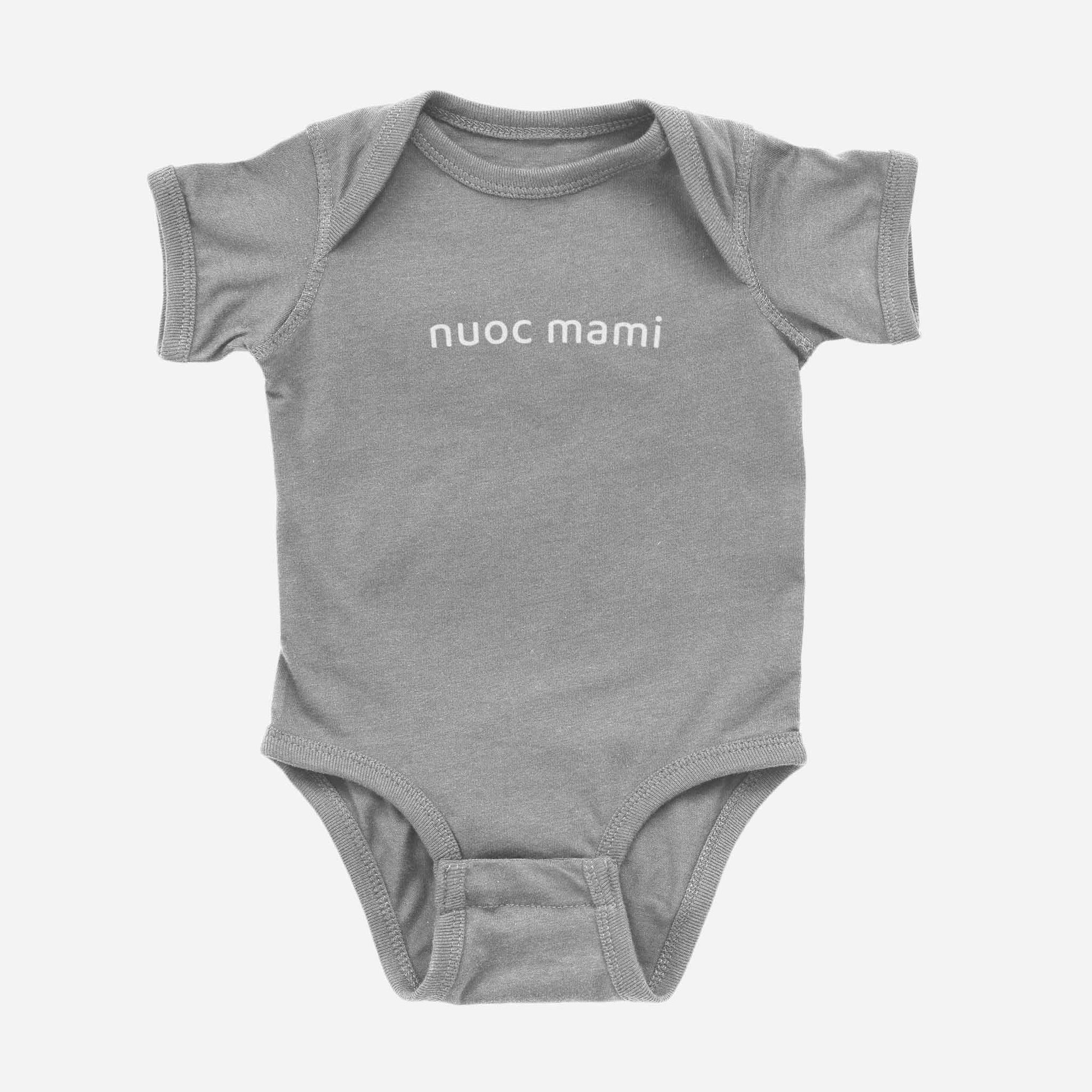 Grey baby onesie with white “Nuoc Mami” text – modern Vietnamese baby gift